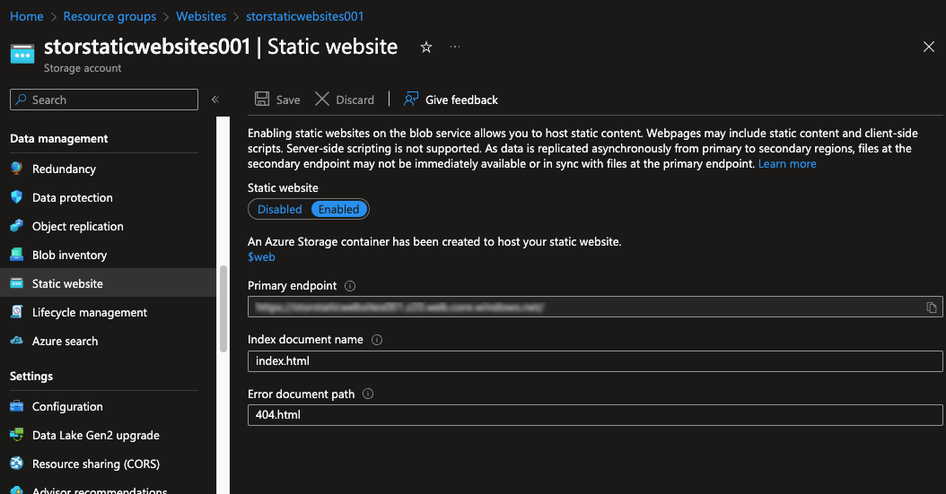 Storage Account Static Website Settings